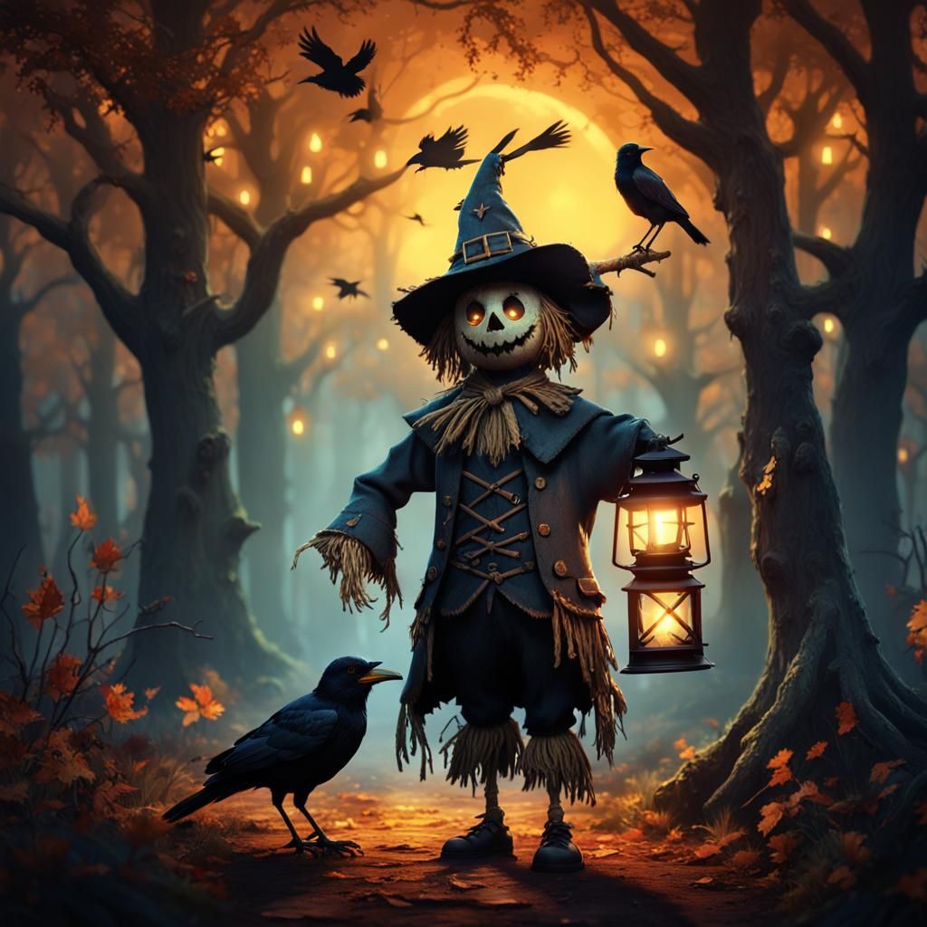 Cheerful Scarecrow and Crow in Dark Forest