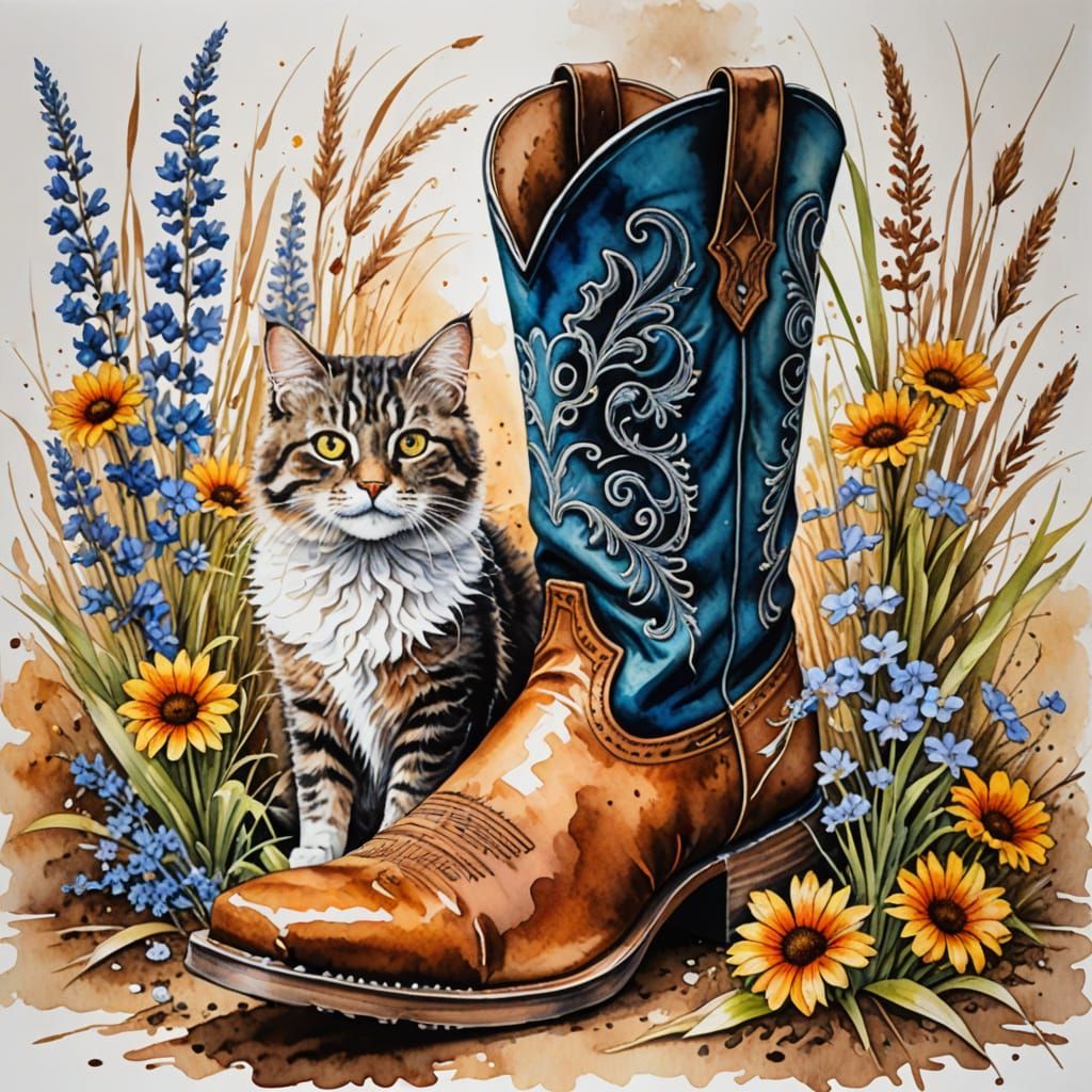Cowboy Boot Surrounded by Flowers, Watercolor Painting
