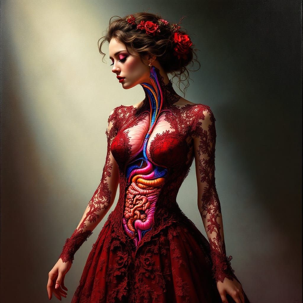 Surreal Woman With Visible Organs in Crimson Lace Dress