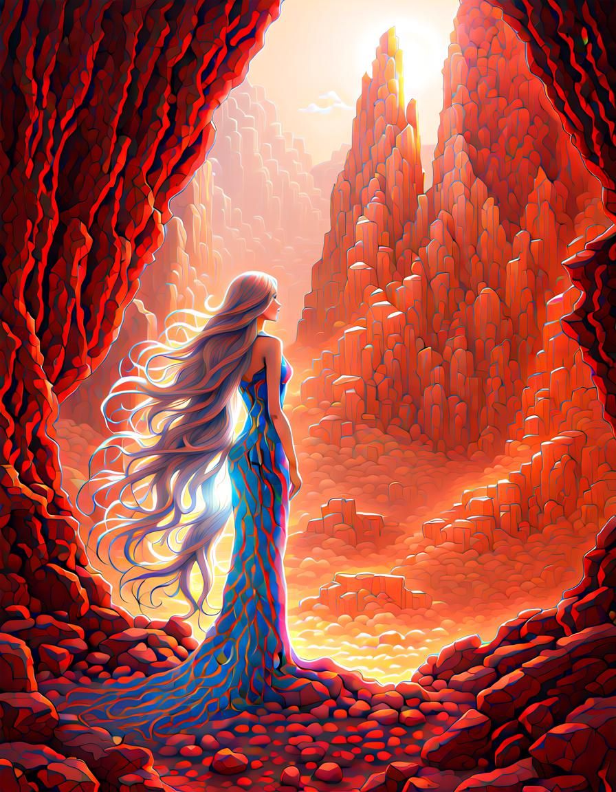 Crystalline Figure in Red Rock Cavern Fantasy Art