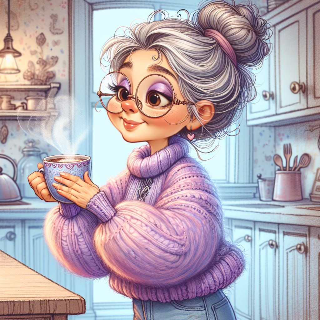 Charming Hispanic Woman Enjoying Coffee in Cartoon Style