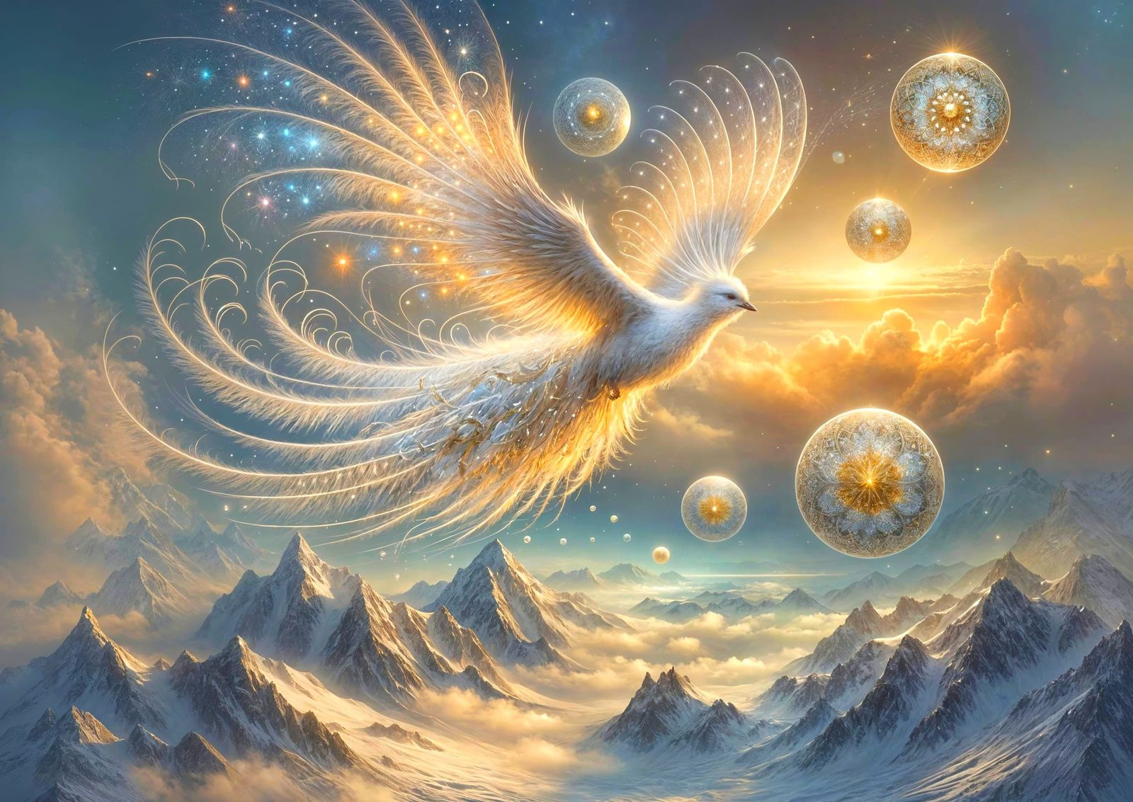 Pearlescent Bird of Paradise Flies Over Snowy Peaks