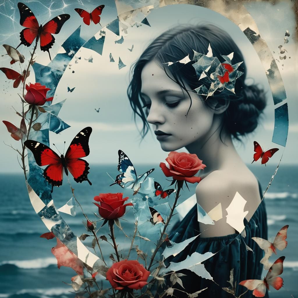 Surreal Woman with Rose and Butterfly Collage