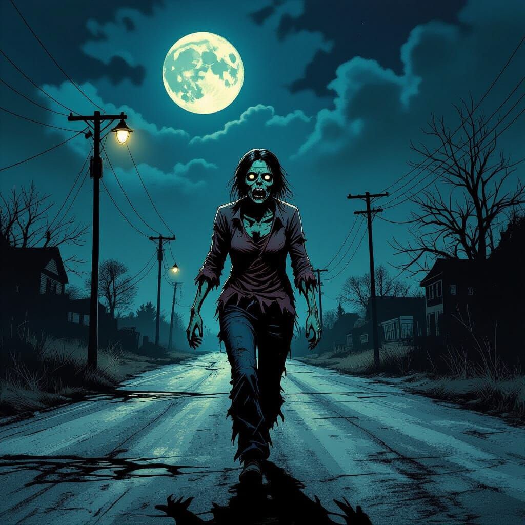 Zombie Woman on Desolate Road, in Gothic Style