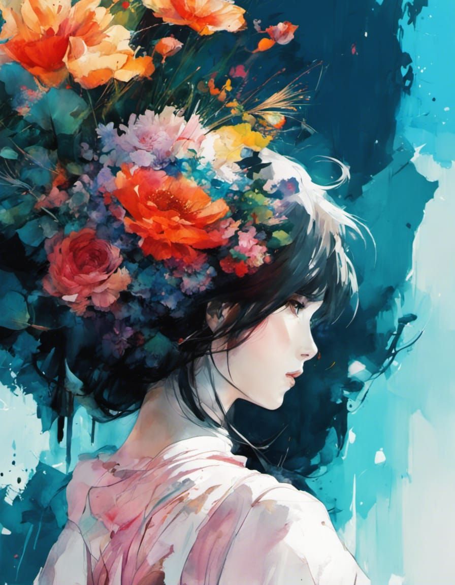 Anime Flower Bouquet in Watercolor Style