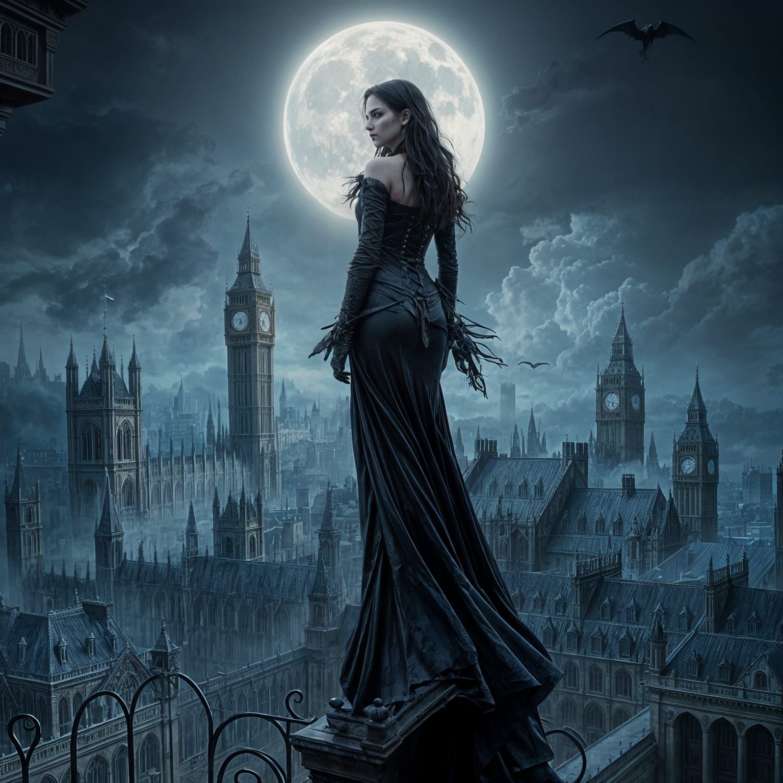 Ethereal Vampire Goddess Overlooks Dark Gothic London