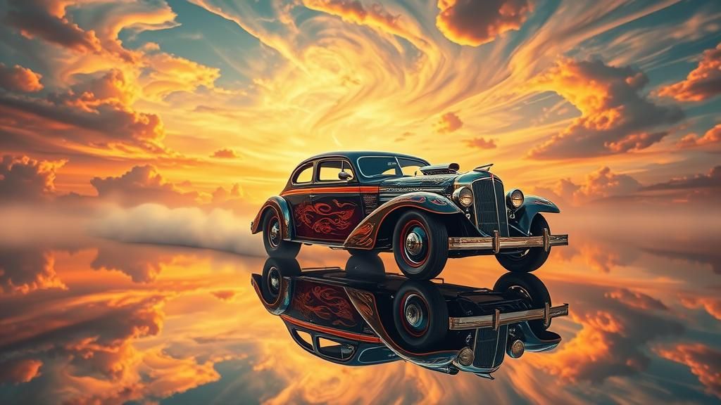 1950s Hot Rod Races Through a Mirrored Fantasy Realm