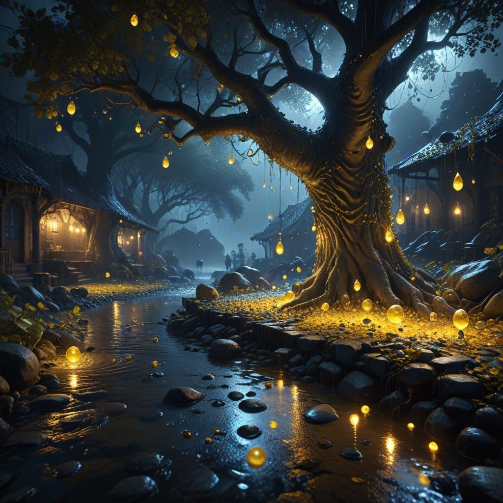 Rainy Night in a Dark Tavern with Magical Bubbles