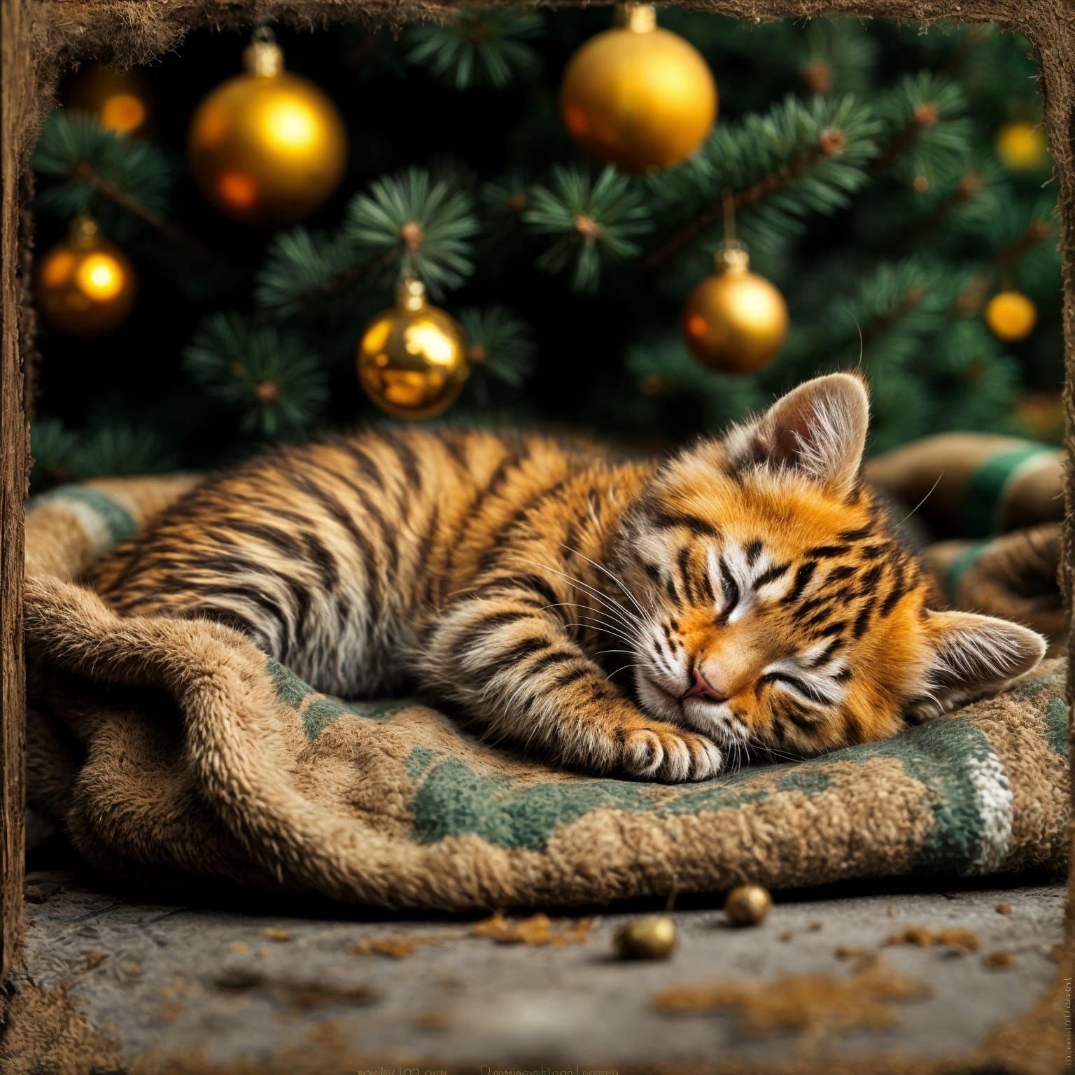 Fluffy Tiger Kitten Sleeps on Blanket