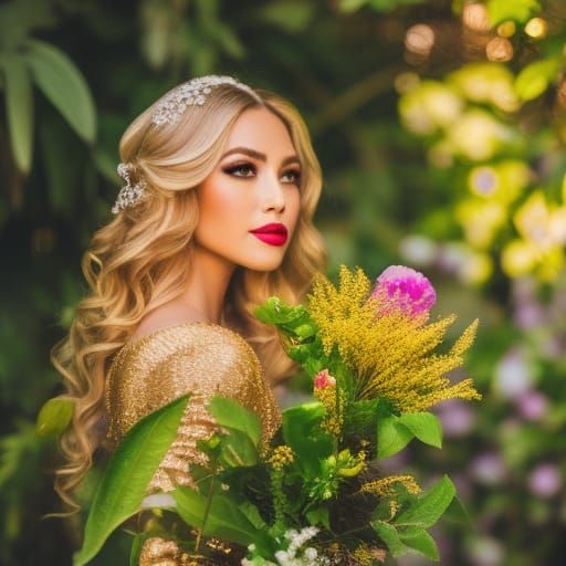 Glamorous 1940s Woman in Lush Flower Garden