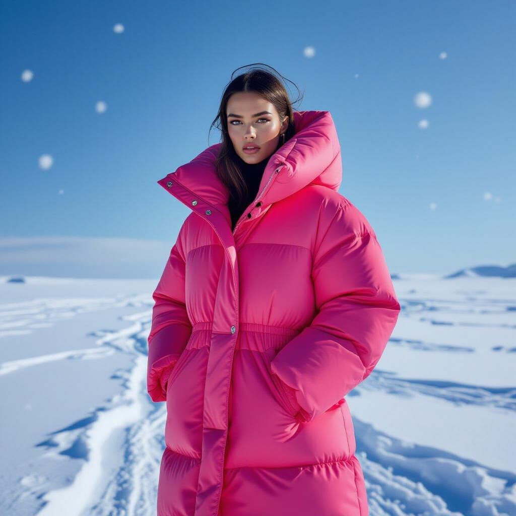 Woman in Pink Puffer Suit in Wasteland, Fashion Photography