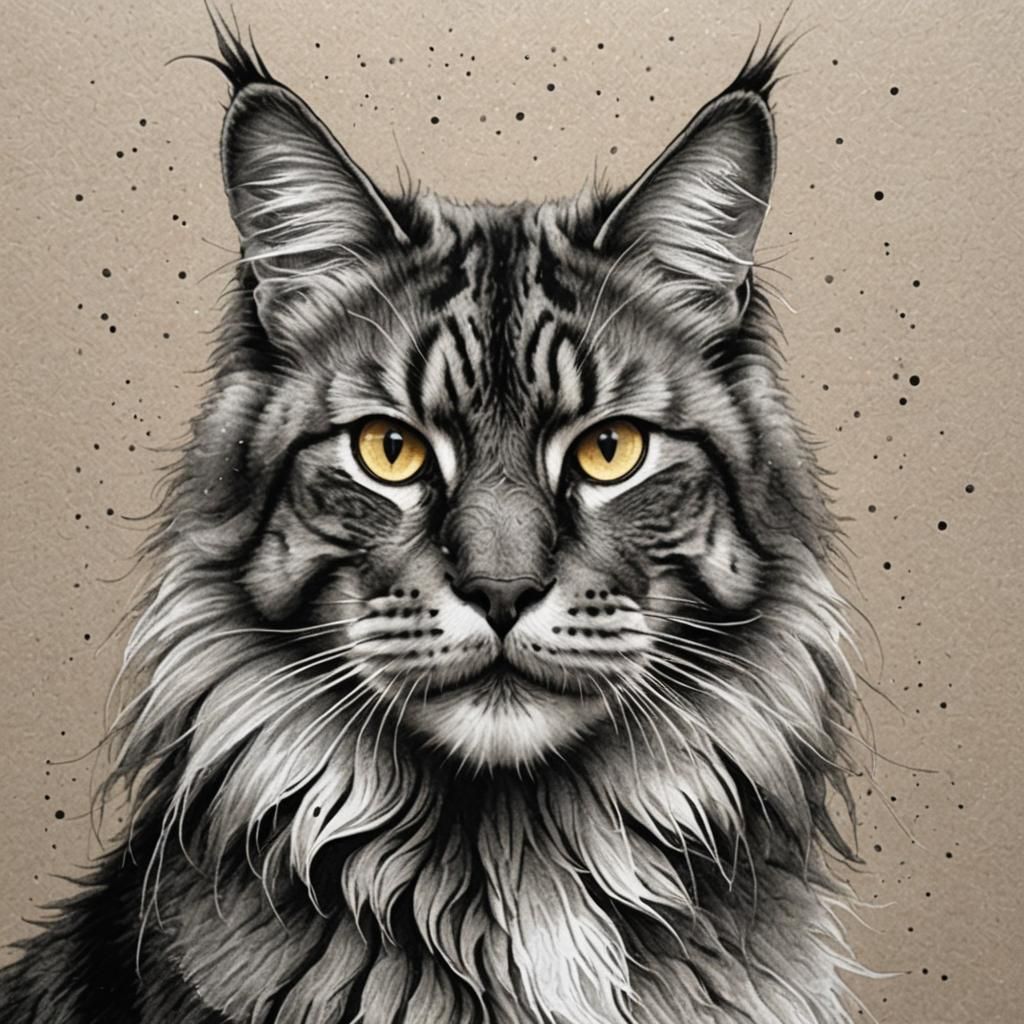Majestic Maine Coon Cat Portrait in Stipple Art