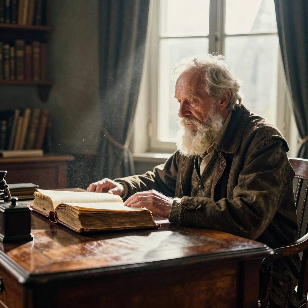 Old Man Reads by Sunlit Window in Dim Study