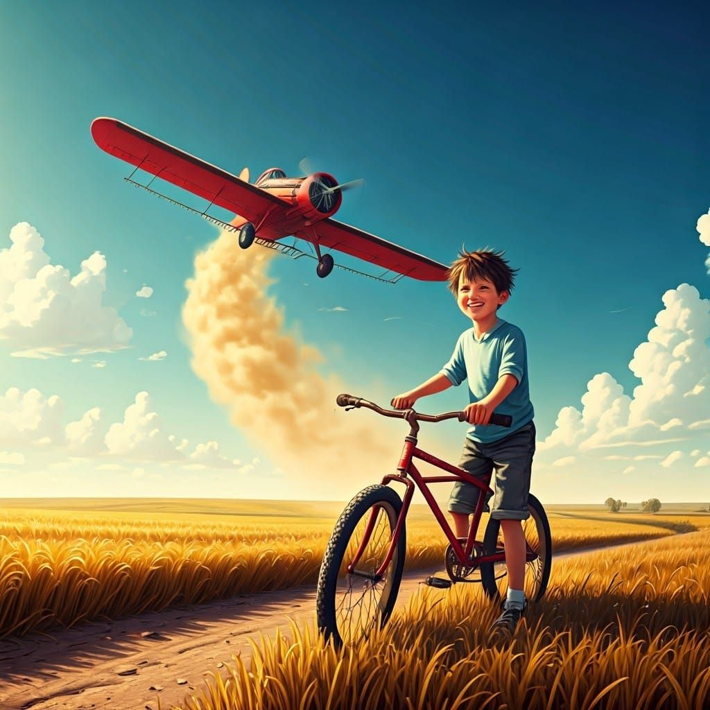 Boy, Bicycle, and Crop Duster in Americana Style