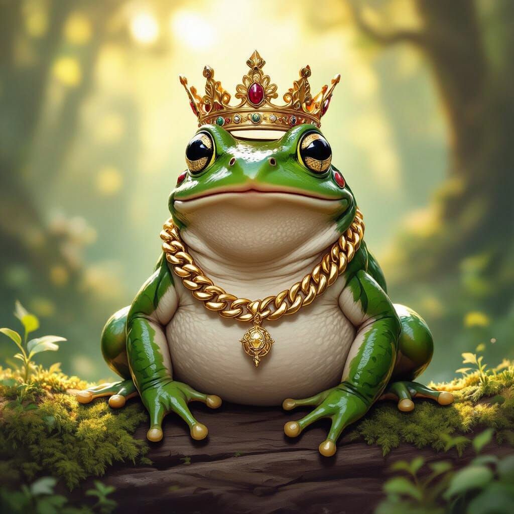 Smug Frog Wears Ornate Gold Crown and Chain