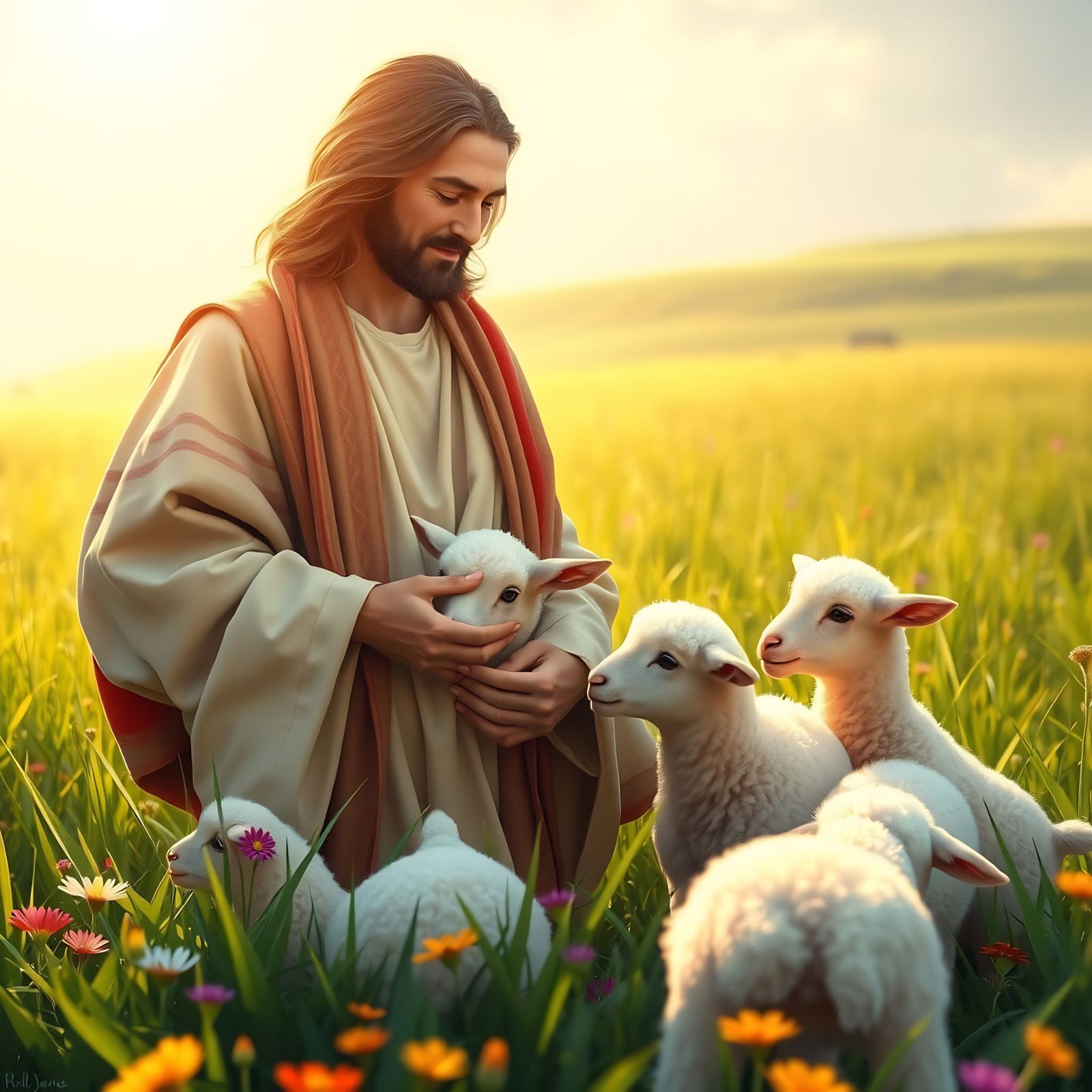 Jesus Tenders Lambs with Gentle Compassion