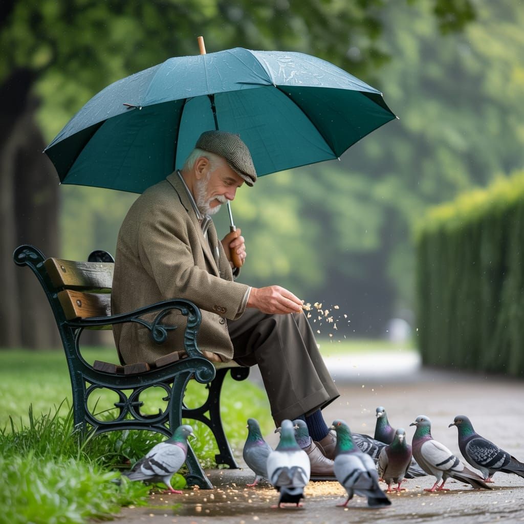 Elderly Man Feeding Pigeons in Rainy Park