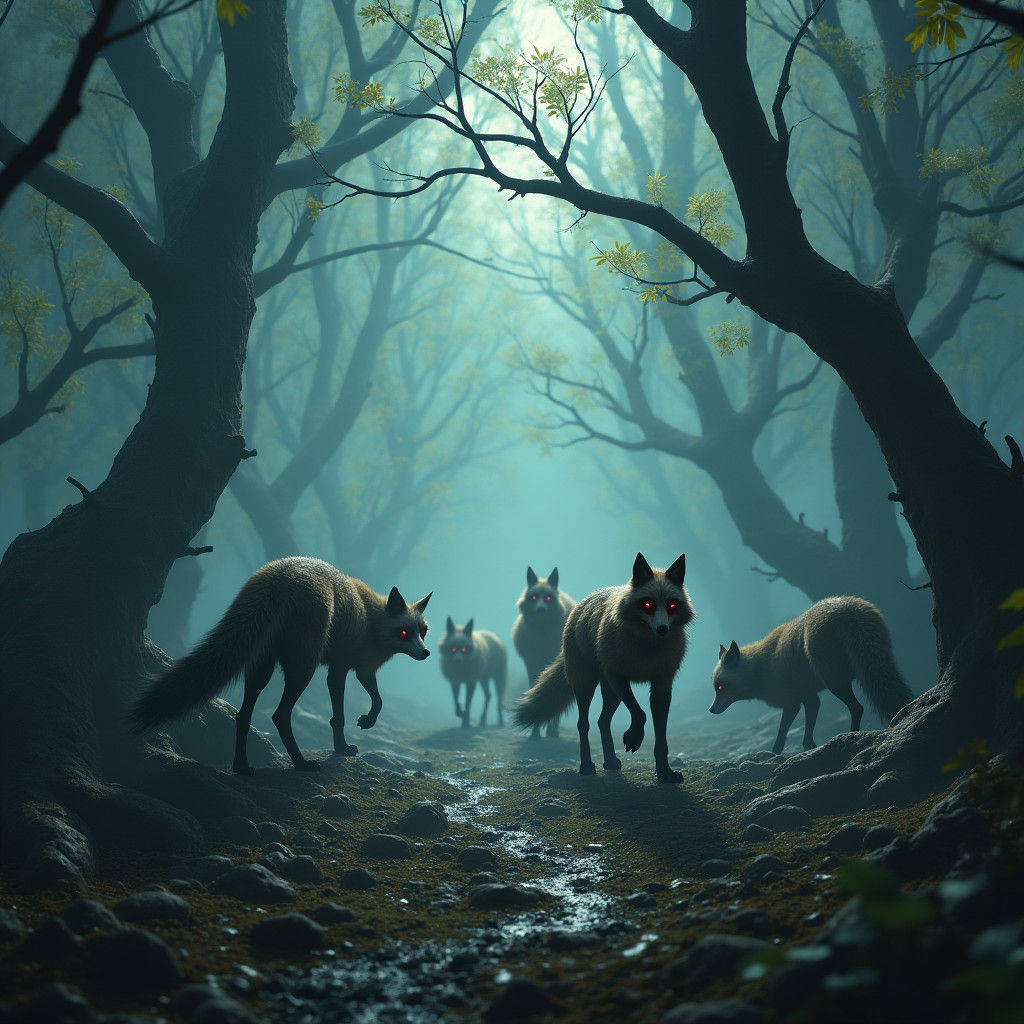 Undead Fox Swarms in a Mystical, Ancient Forest