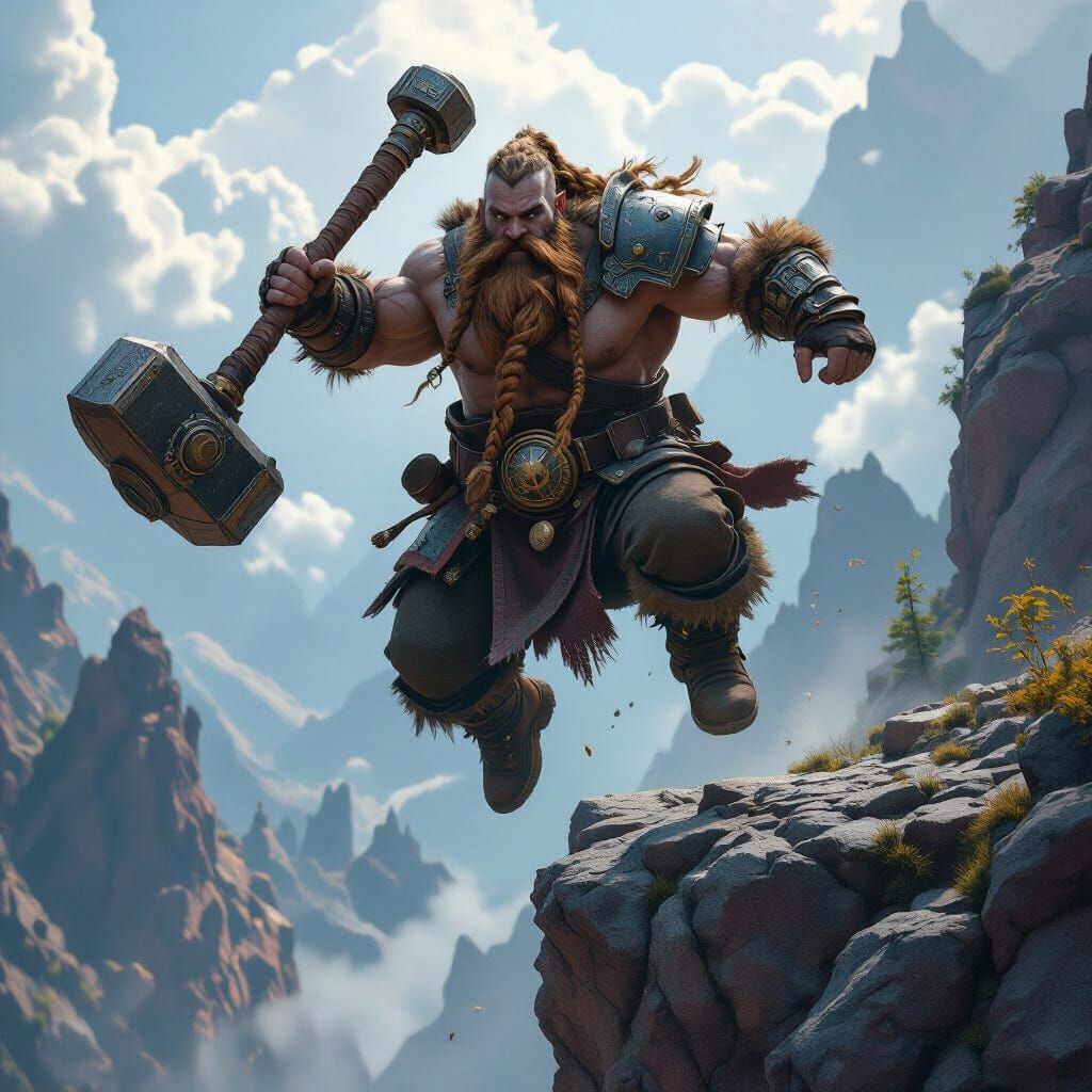 Dwarf Warrior Leaps with Hammer, Fantasy Concept Art