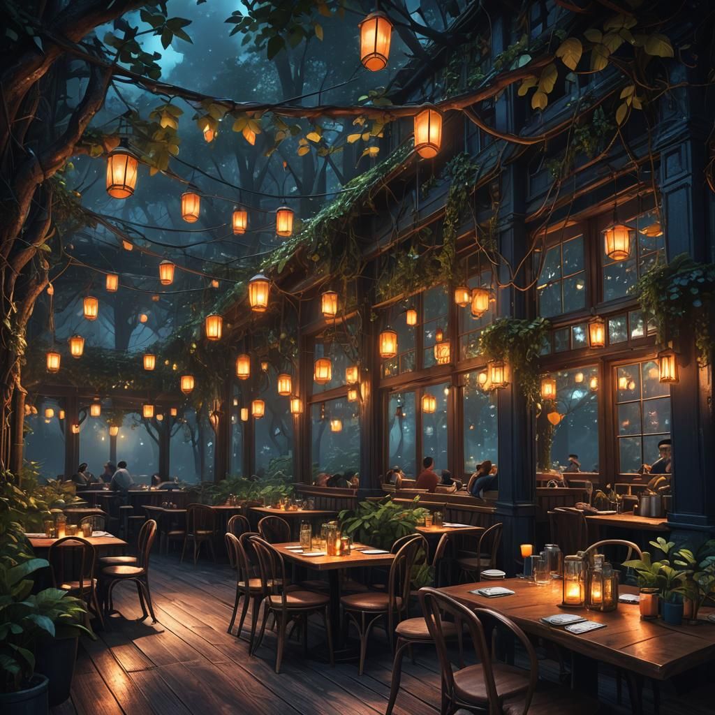 Mystical Forest Cafe: Night Scene Concept Art