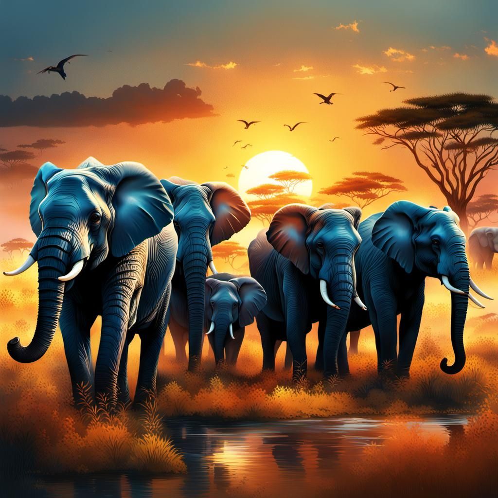 Elephants in Savanna Sunset: Hyperrealistic Splash Art