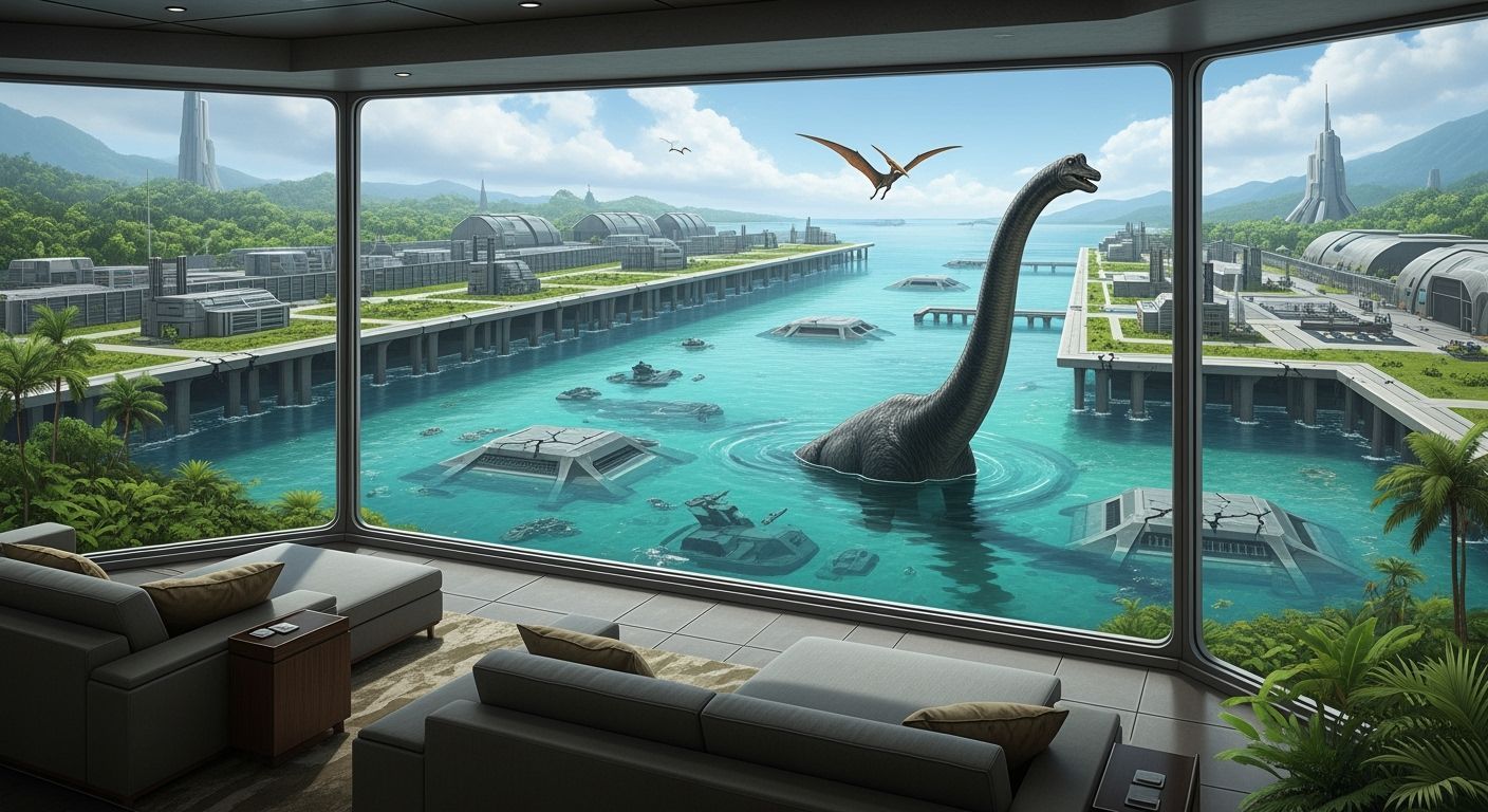 Luxurious Bunker with Futuristic City and Dinosaur