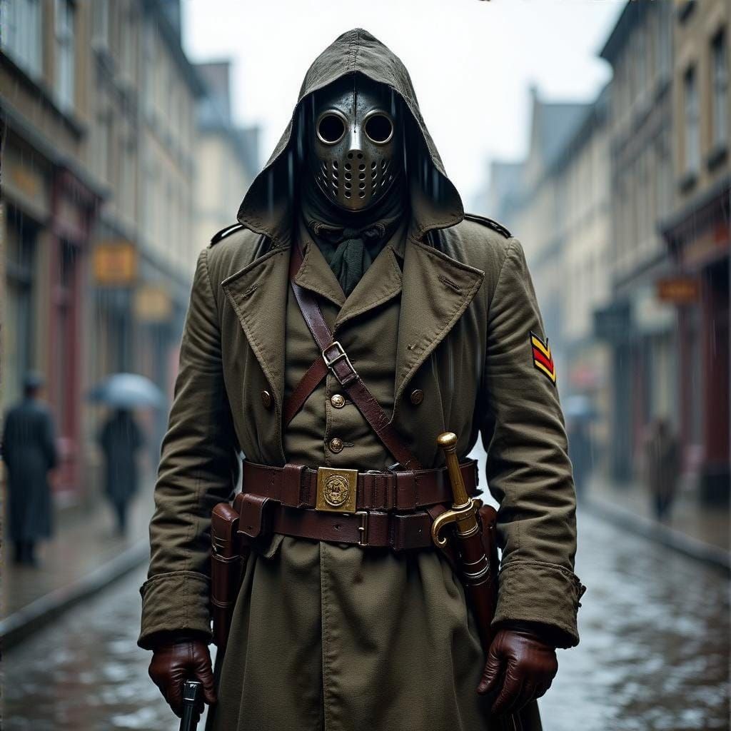 Resolute Veteran in Rainy 19th-Century European Cityscape