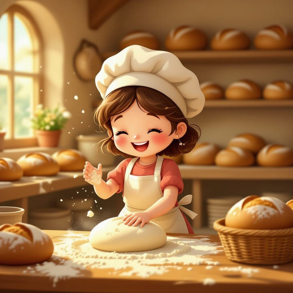 Whimsical Baker Loaf Kneading Dough in Sunlit Bakery