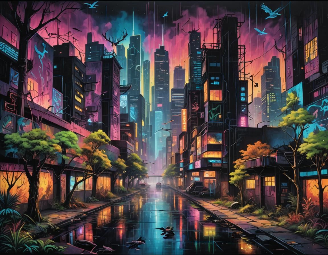 Vibrant Mural in Cyberpunk Cityscape