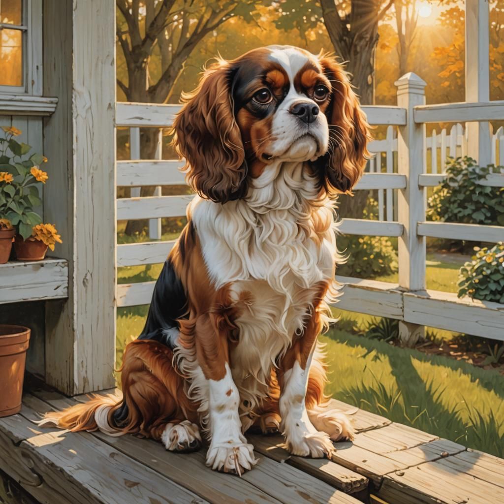 A charming Norman Rockwell-inspired illustration of a Cavali...