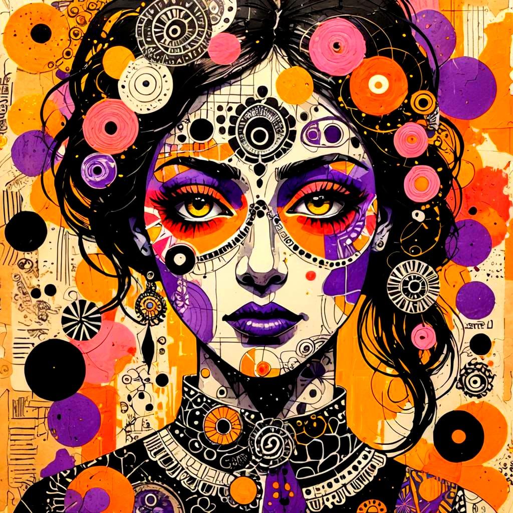 Expressive Abstract Female Figure in Mixed Media Collage