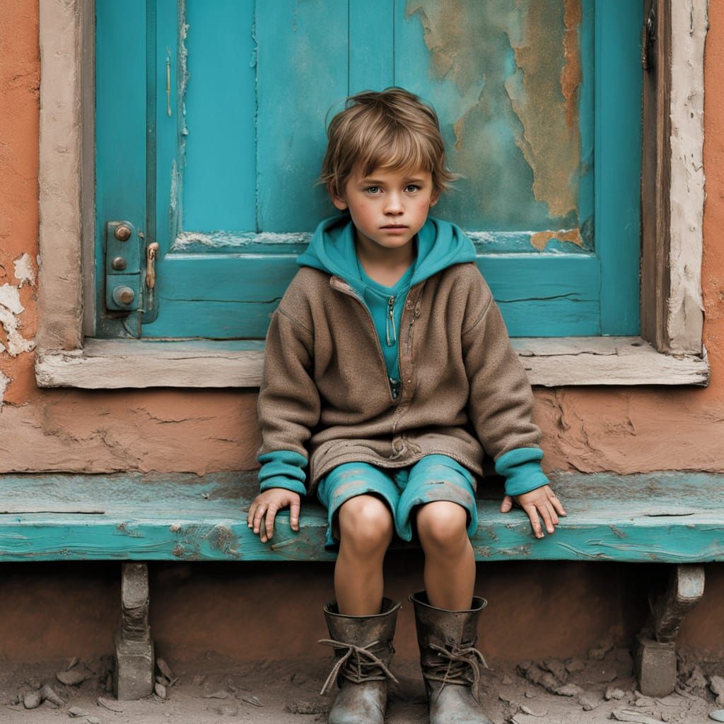 Child on Weathered Bench in Turquoise Dreamscape
