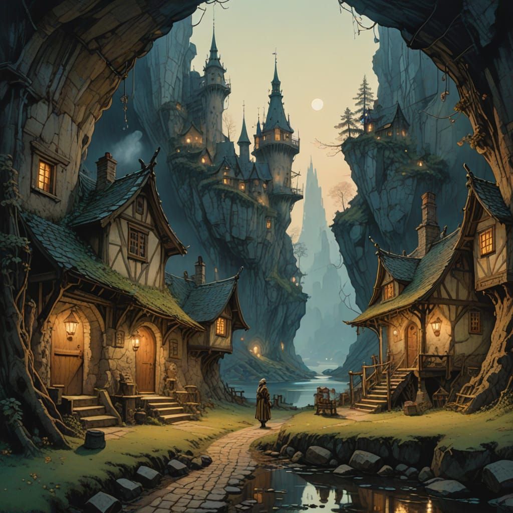 Whimsical Enchanted Village in Dreamlike Grotte