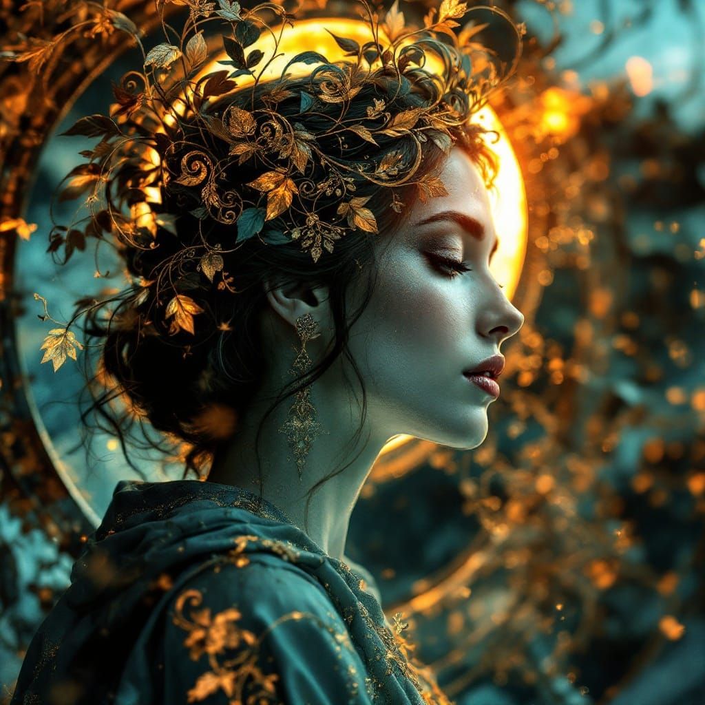 Glowing Portrait of a Serene Woman in Copper and Gold