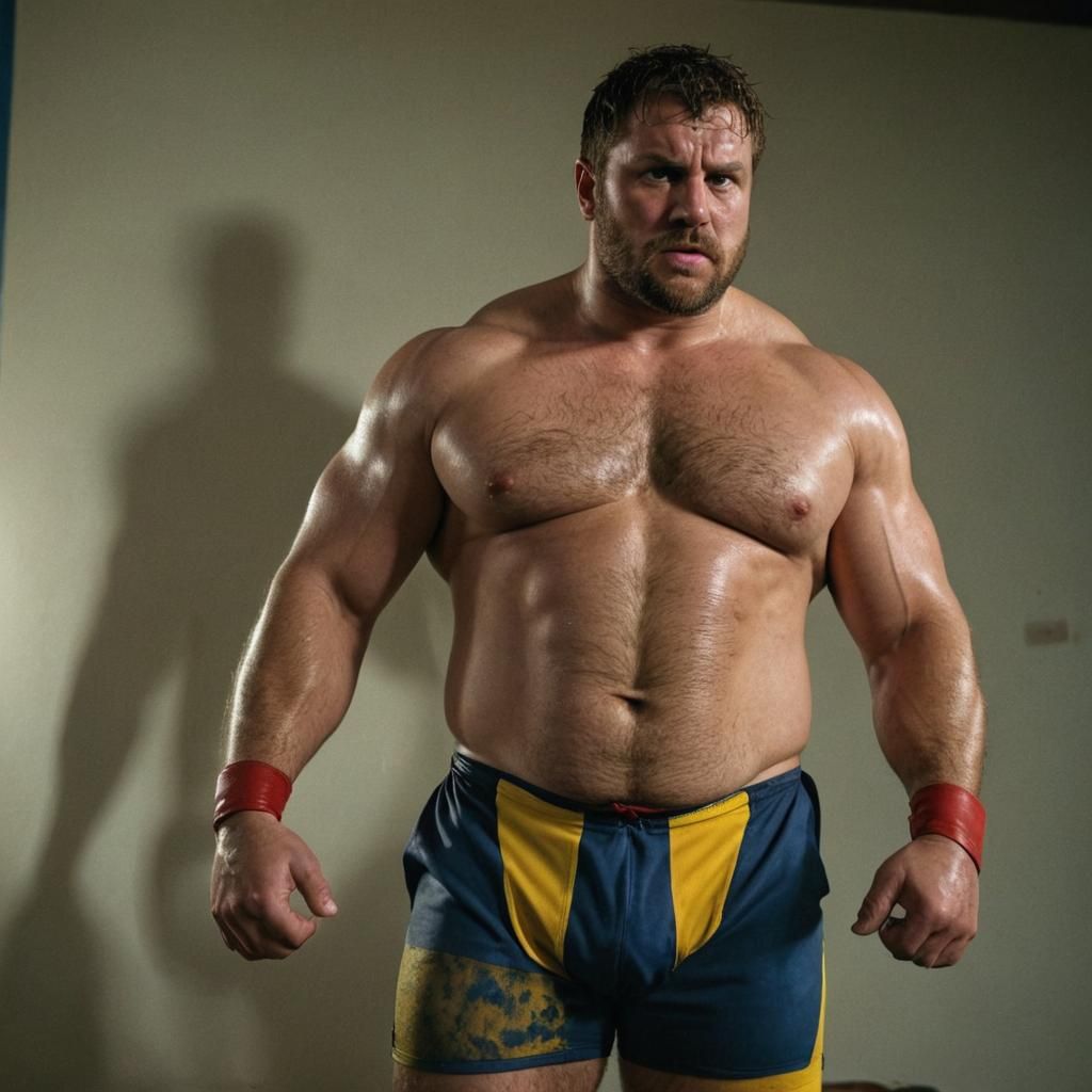 Strong Wrestler in Mustard Yellow and Navy Blue