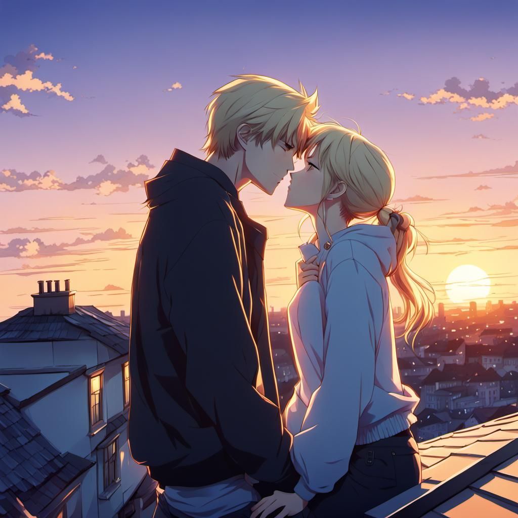 Anime Couple Kissing on Rooftop at Sunset