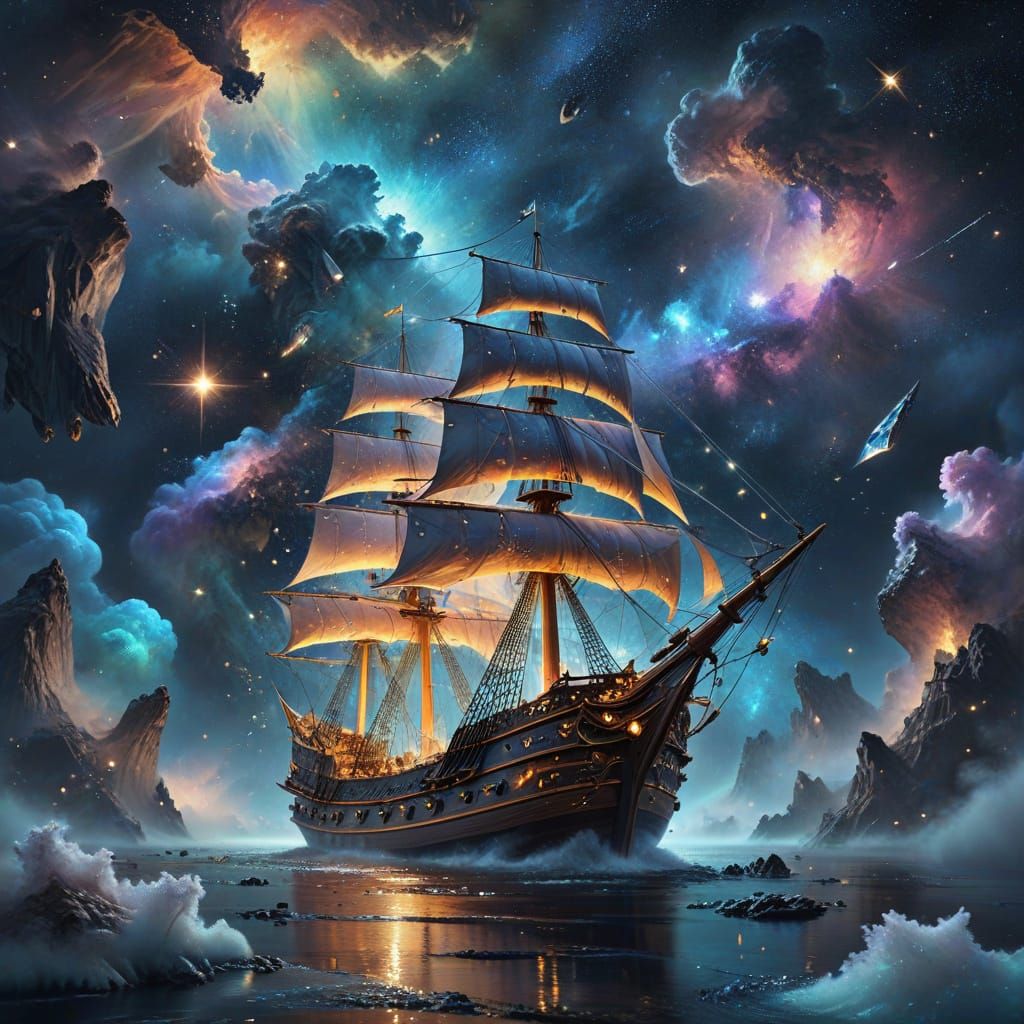 Ethereal Galleon Sails Through Nebula in Splatter Art