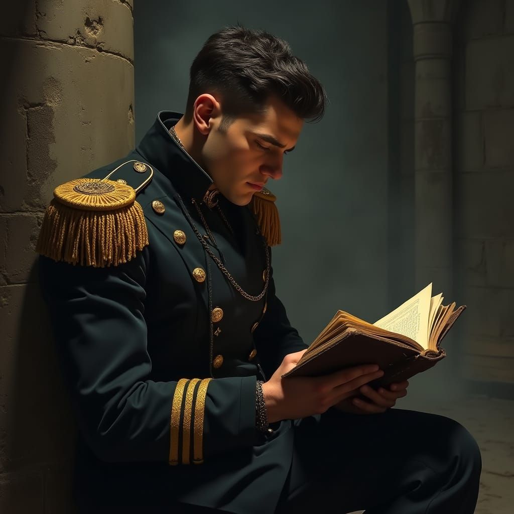 Soldier Reading Book in Dimly Lit Environment