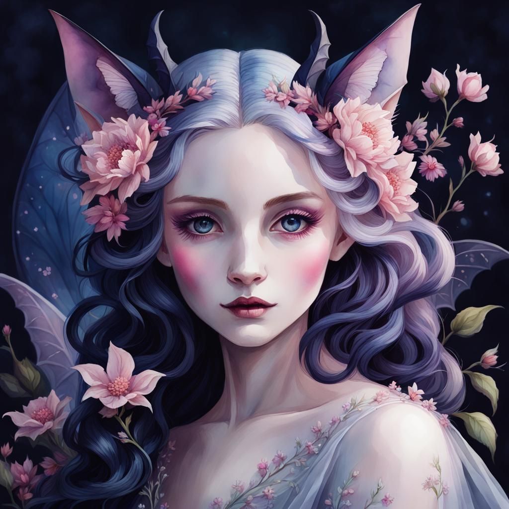 Ethereal Creature Portrait with Botanical Crown as Watercolo...