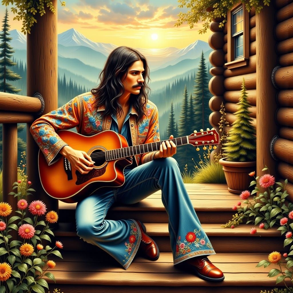 Vintage Folk Musician in Embroidered Jeans and Chambray Shir...