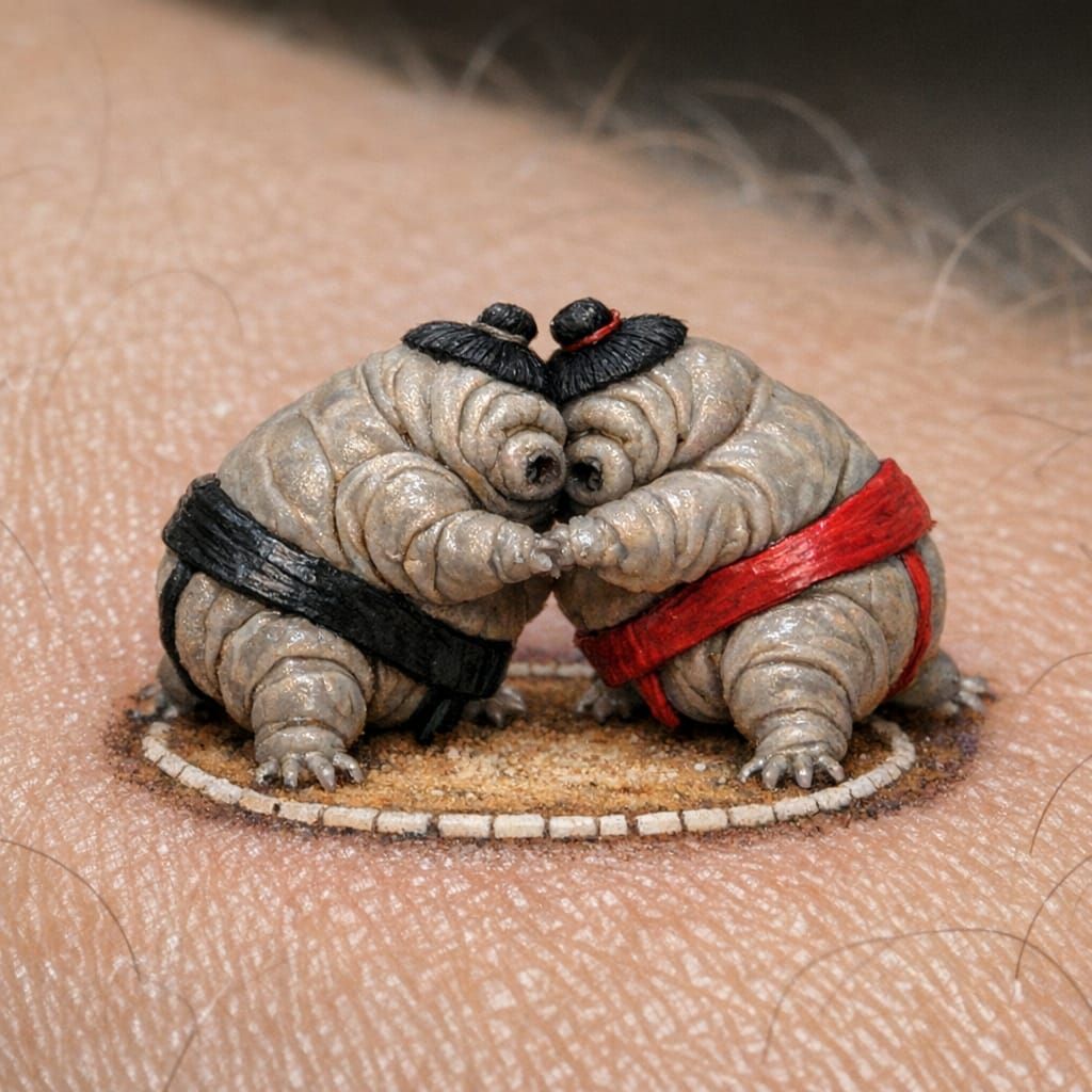 Tardigrades as Sumo Wrestlers on Human Arm Tattoo