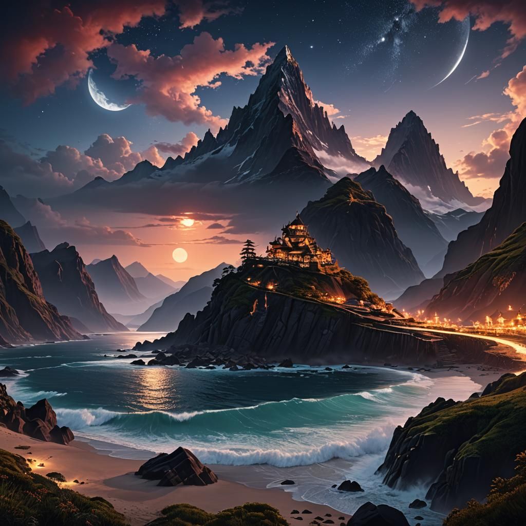 Seven-Tiered Mountain at Midnight Sea: Fantasy Concept Art