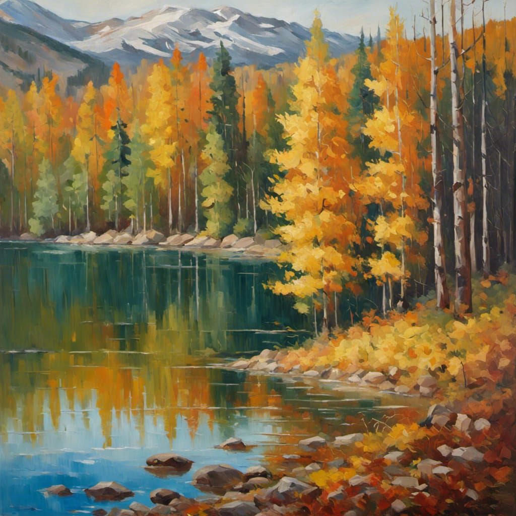 Autumn Forest by Mountain Lake: Impressionistic Oil Painting