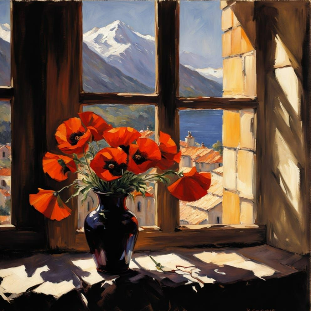 Impressionistic View of Poppies in a Rustic Landscape