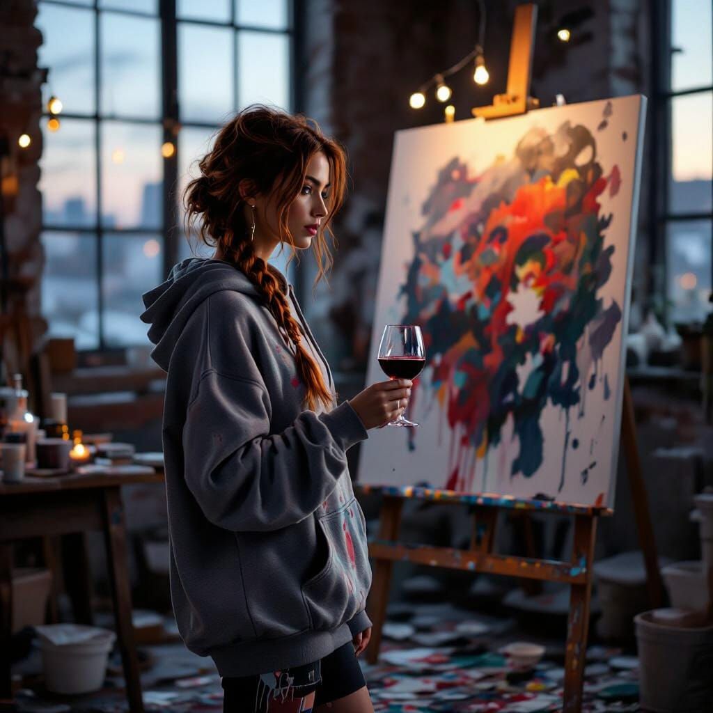 Artist in Loft at Twilight, Photorealistic Style