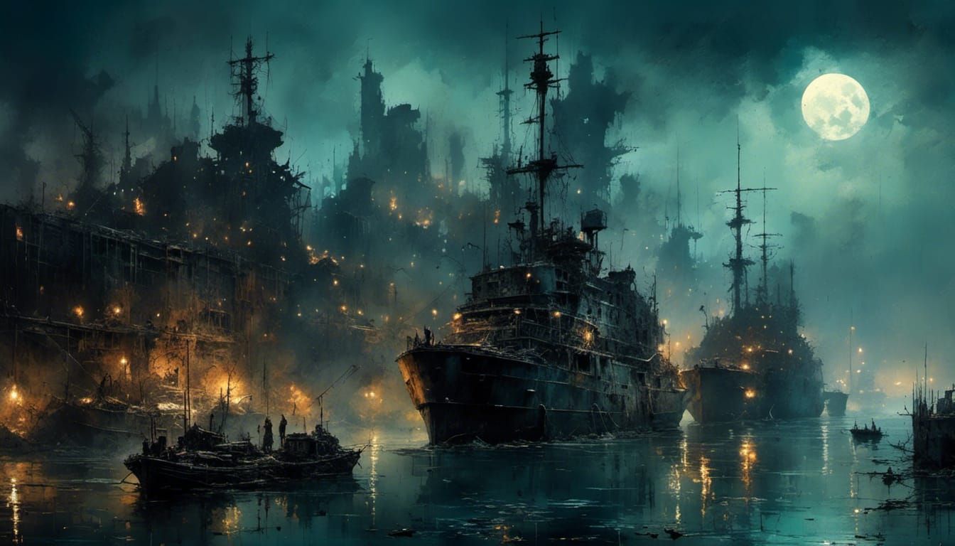 Futuristic Sea Harbor Ruins at Night in Trashpunk Style