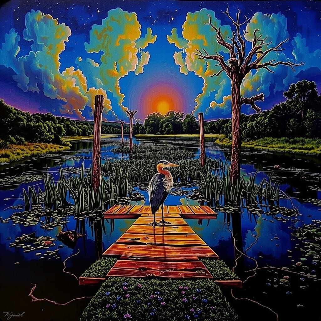 Dreamlike River Delta at Sunset With Heron