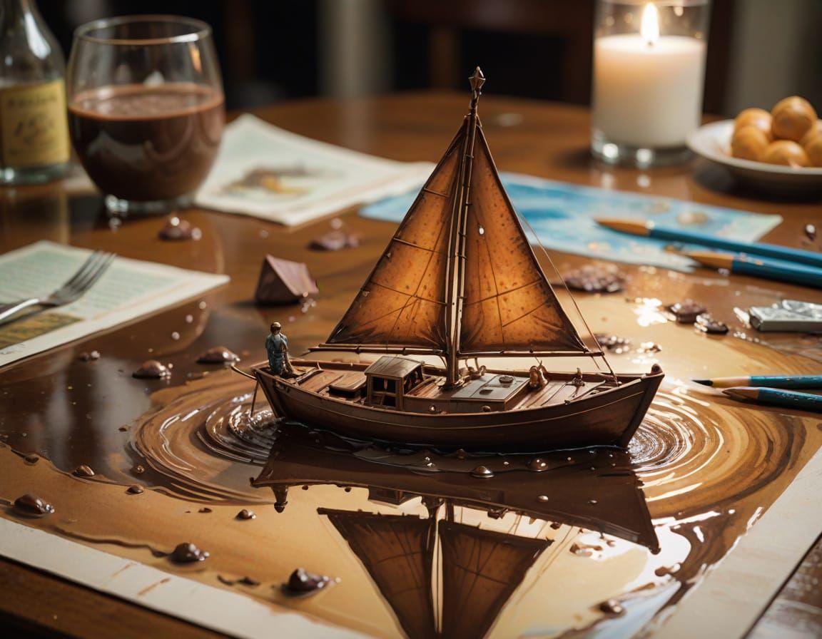 Chocolate Sailboat in Gouache, Watercolor, and Impasto Style