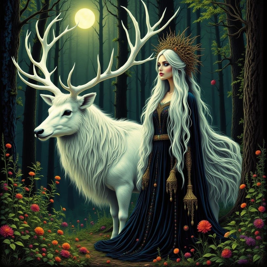 Ethereal Woman and White Stag in Moonlit Forest
