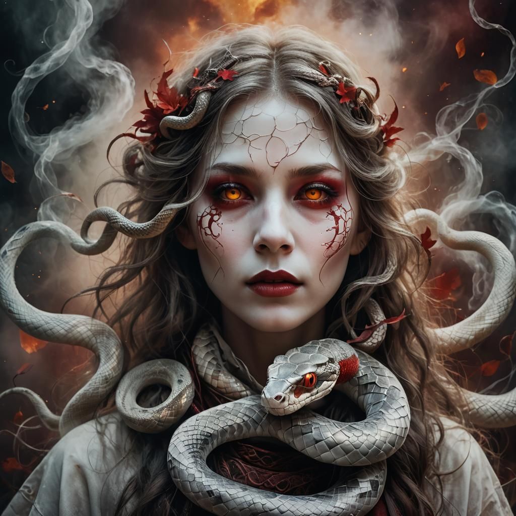 Ethereal Portrait with Snakes in Autumn Landscape